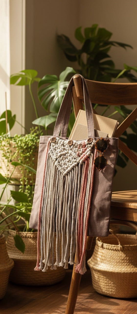 Tote bag 'INDIGO" with macrame detailing