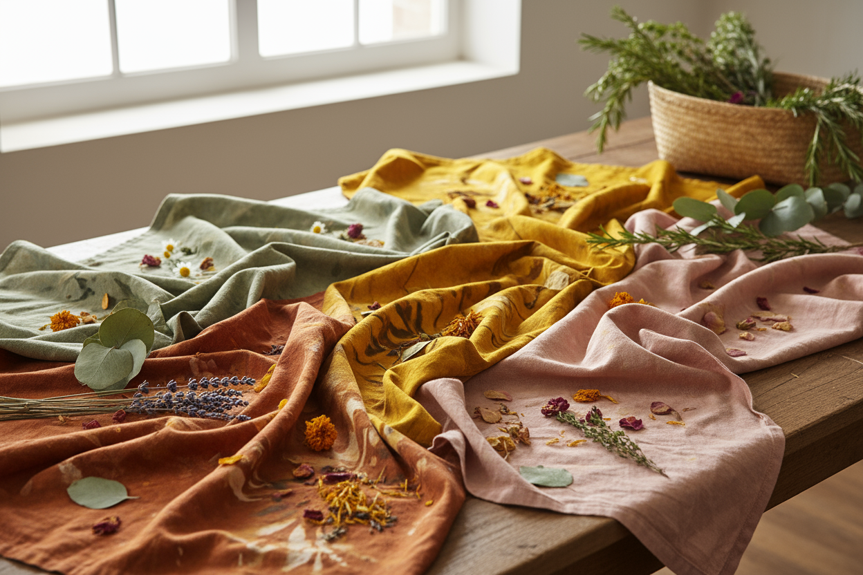 natural dyed fabrics mix with flowers and herbs 